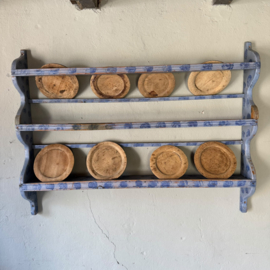 Authentic Swedish wooden plate rack with blue hand-painted motif