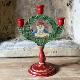 Antique Swedish wooden Christmas candelabra with a hand-painted Tomte