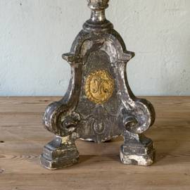 Antique French wooden church candlestick (87 cm) - gold-plated and silver-plated