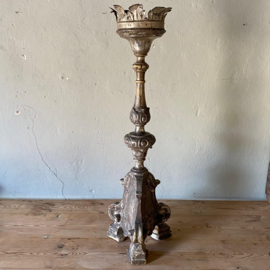 Antique French wooden church candlestick (87 cm) - gold-plated and silver-plated