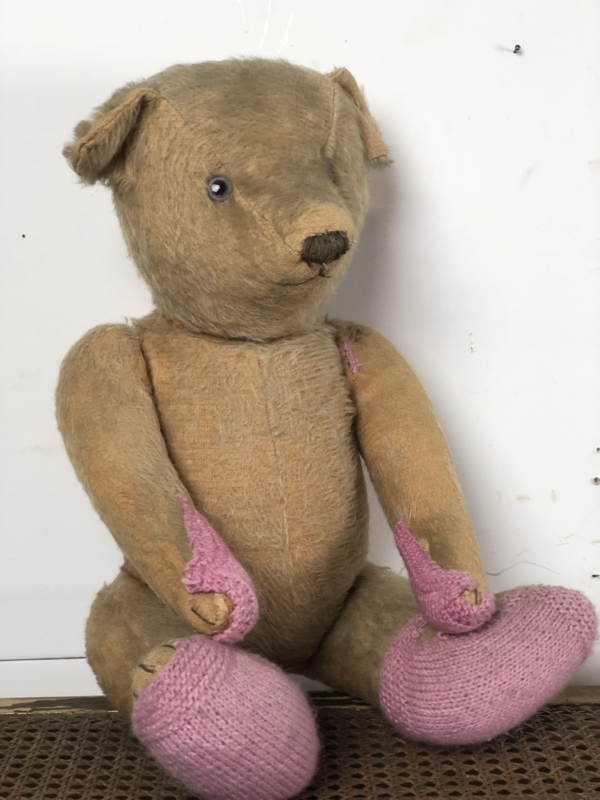 Oude beer met roze sokjes
