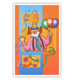 carnavalskaart clown met stropdas/ballonnen/snoepjes