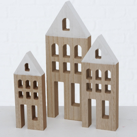 houten huisjes met wit dak| 3 dlg set