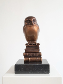 Uil op boeken - bronzen beeld