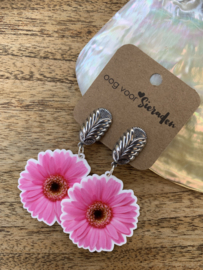 Oorbellen met clips | Zilver met roze bloemen