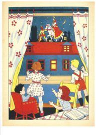 Kinderen kijken naar Sint op het dak prentbriefkaart [C8231]