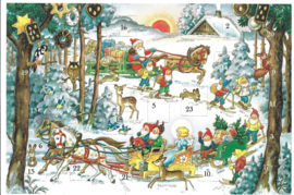 Adventskalender Kaart: Cadeautjes slee in wit bos - 12527