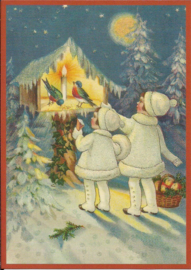 Meisjes voeren vogeltje in sneeuw Glitter prentbriefkaart [SV 6Wg079]