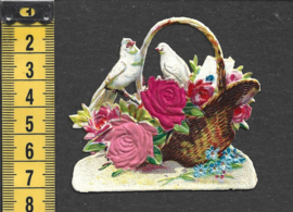 Rozenmand met duiven antiek poezieplaatje met zijde (740)