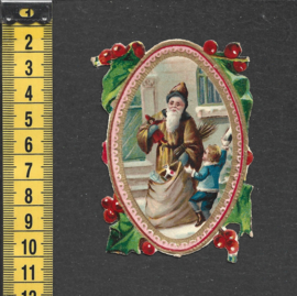 Kerstman en cadeau's met goud antiek poezieplaatje (732)
