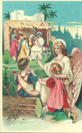 Engel en kindjes bij de kerststal prentbriefkaart  {W63}