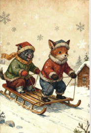 Poezen Kerstkaart: Poezen gaan sleetje rijden {13}