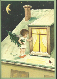 Meisje met kerstboom op het dak kaart met glitter [SV 6Wg153]