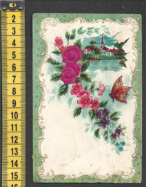 Relief Bloemen Kerkje en vlinder kaart met ZIJDE antieke kaart [AK73]