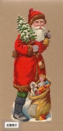 Kerstman met zak cadeautjes & kerstbel antiek poezieplaatje