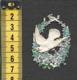 Bloemenkrans met Duif antiek poezieplaatje met zijde (810)