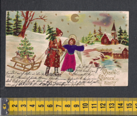 Relief Kerstman met Engel en ZIJDE antieke kaart [AK34]