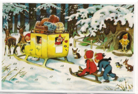 Adventskalender Kaart: Kabouters bezorgen pakjes met arreslee - 12407