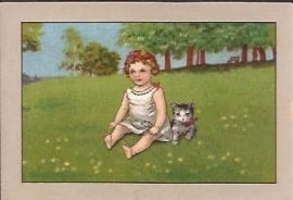 Oude Litho: meisje met kitten