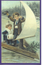 jong stel in een zeilboot prentbriefkaart  {W145}
