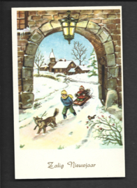 Zalig Nieuwjaar - Sleeën met hond bij kerkje - oude kaart [15601]