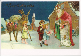Sinterklaas met cadeaus in sneeuw prentbriefkaart [1C1793]