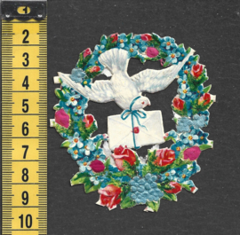 Bloemenkrans met duif antiek poezieplaatje met zijde (749)