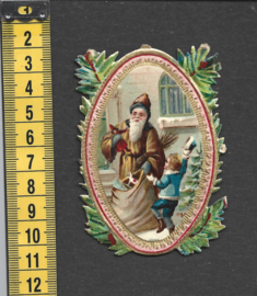 Kerstman en cadeau's met goud antiek poezieplaatje (733)