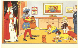Sinterklaas op bezoek en Piet strooit snoep prentbriefkaart [C8225]
