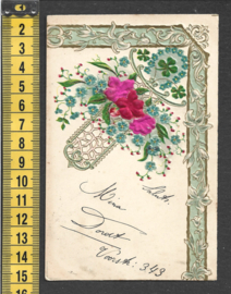 Relief Bloemen arrangement met ZIJDE antieke kaart [AK58]