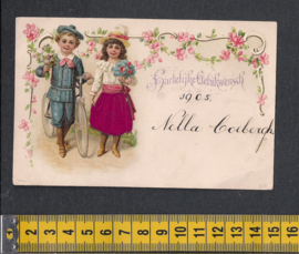 Relief Meisje en jongen met fiets ZIJDE antieke kaart [AK32]