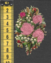 Boeketje met Rozen en Lelietjes antiek poezieplaatje met zijde (813)