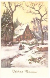 Kerstwandeling in bos - Gelukkig Nieuwjaar - oude kaart