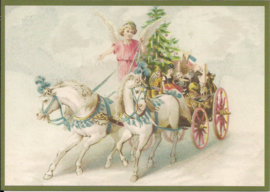 Engel op ponywagen met kerstgeschenken Glitter prentbriefkaart [SV 6Wg003]
