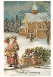 Kerstman bij de kerk prentbriefkaart [D628]