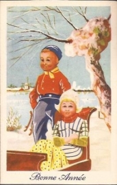 Met de prikslee en schaats - Bonne Année - oude kaart