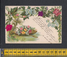 Relief Roeibootje met bloemen en ZIJDE antieke kaart [AK31]
