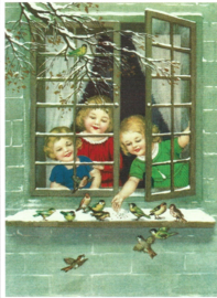 Kinderen voeren de volgeltjes prentbriefkaart  {W126}