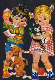 Jongen en Meisje met hond en kat Zilver Glitter poezieplaatjes MLP 1461