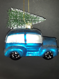 Blauwe auto met kerstboom Kerstornament glas