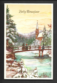 Zalig Nieuwjaar - Op de brug kijken naar kerk - oude kaart [15602]