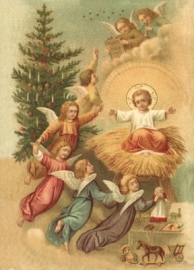 Engelen vieren geboorte Kindje Jezus Reliefkaart EF 3018