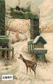 Hertje in de sneeuw - oude nieuwjaarskaart met relief [10139]