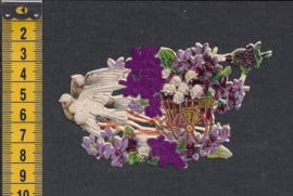 Zwaluwen trekken bloemenkar antiek poezieplaatje met zijde (285)