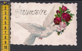 Duif met bloemen - Frans - poezieplaatjes antieke kaart (292)