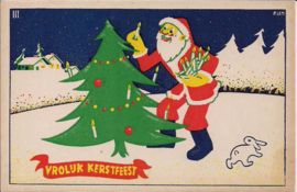 Oude stevige kerst-kaart kerstman doet lichtjes in de boom [14231]