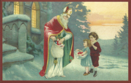 Sinterklaas deel cadeautjes uit  prentbriefkaart {W216}