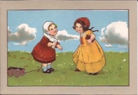 Oude Litho: twee meisjes met een trekkarretje