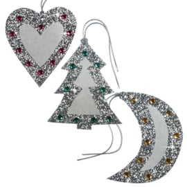 Cadeaulabels Glitter Kerstboom, maan en hart 3 stuks
