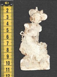 Meisje met kruiwagen antiek poezieplaatje met zijde (798)